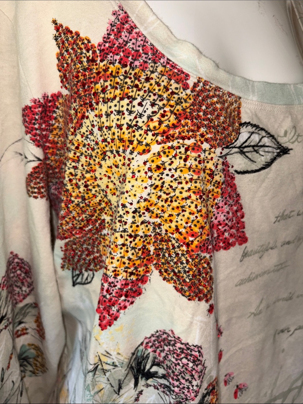 Chico's Beige Floral Scoop Neck Long Sleeve Top with Red and Yellow Accents - Picture 5 of 5